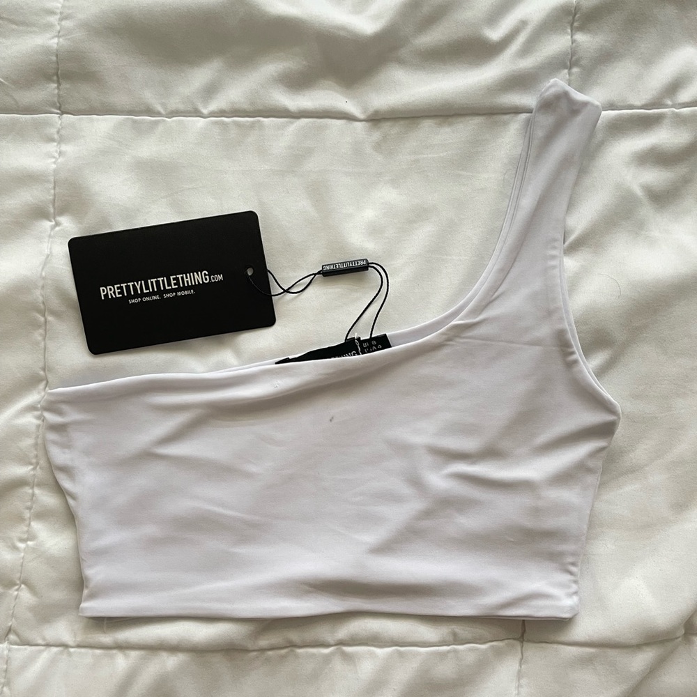 Pretty Little Thing white slinky one shoulder crop top
